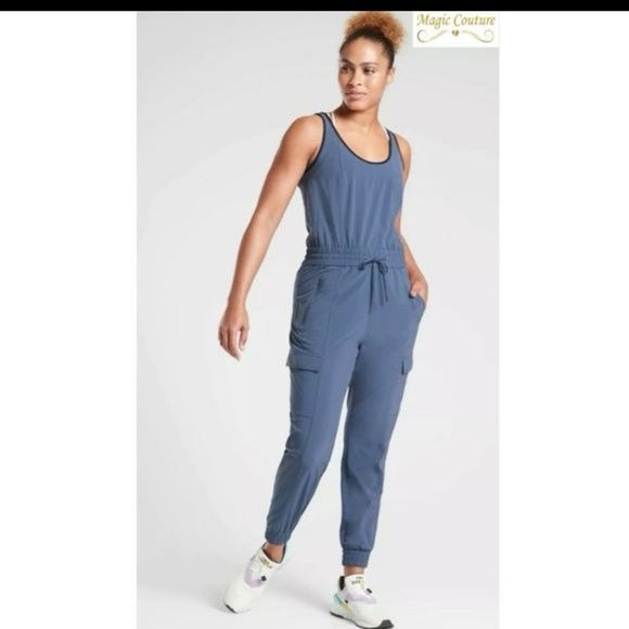 Athleta Jumper Women XL Iron Blue Sleeveless Unbound Jumpsuit Romper Zip Pockets - Picture 1 of 16